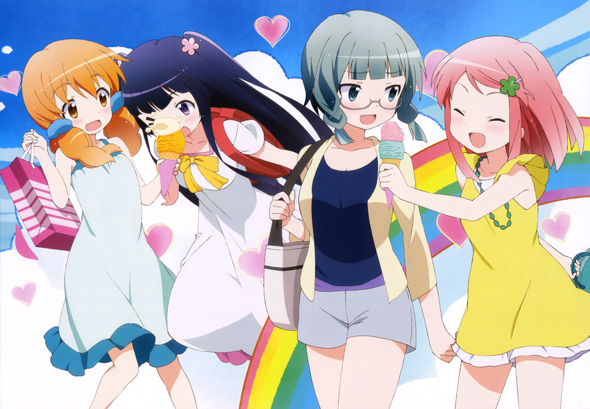 4girls :d ^_^ absurdres artist_request backpack bag black_hair brown_eyes casual closed_eyes flower food green_hair hair_flower hair_ornament hairclip heart highres ice_cream kohashi_wakaba kurokawa_mao long_hair mashiba_nao multiple_girls non-web_source nyantype official_art one_eye_closed open_mouth orange_hair pink_hair purple_eyes rainbow randoseru shopping_bag smile tokita_moeko two_side_up very_long_hair wakaba_girl wavy_mouth