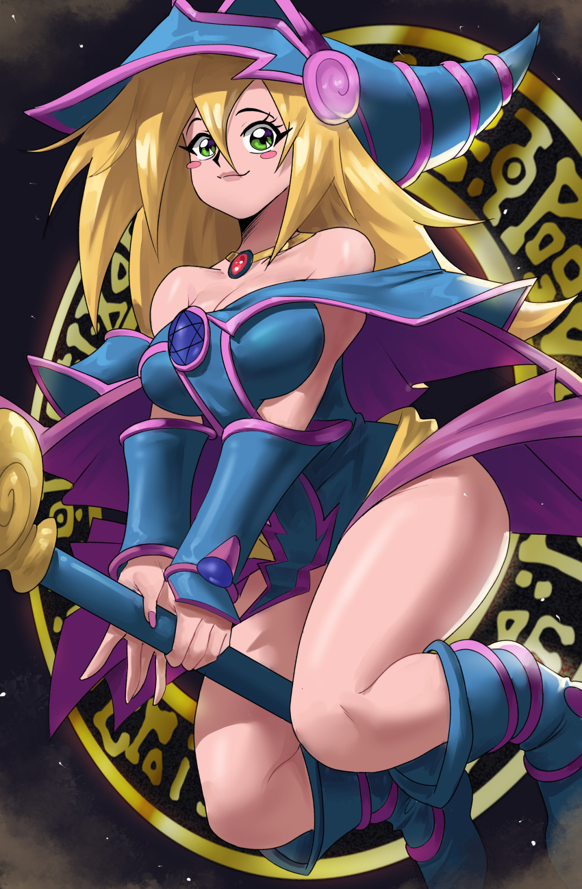 1girls big_ass big_breasts big_butt blonde_hair blush boots busty clothed clothing dark_magician_girl echosaber female female_only fully_clothed green_eyes hat jewelry large_breasts looking_at_viewer necklace shounen_jump smile solo tagme thick_thighs yu-gi-oh!