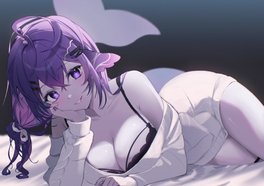 ahoge awato black_bra bra breasts cleavage collarbone colored_skin commission female fins fish_tail grey_skin hair_ornament hairclip hand_on_own_cheek hand_on_own_face highres indie_virtual_youtuber long_sleeves lying megalodon_(vtuber) off_shoulder on_side purple_eyes purple_hair shark_tail solo sparkling_eyes sweater tail thigh_strap underwear vgen_commission virtual_youtuber white_sweater