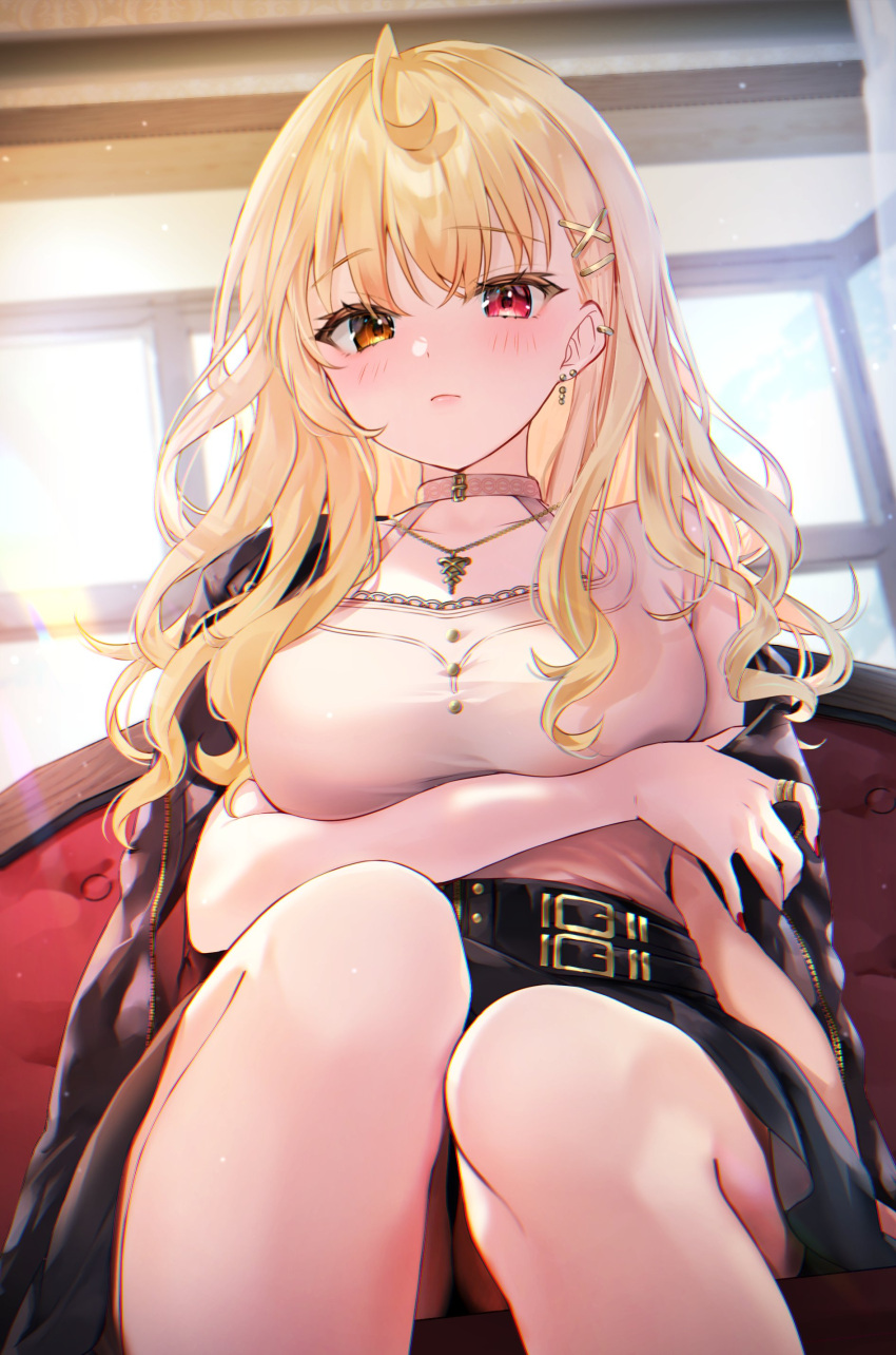 absurdres ahoge belt black_jacket black_skirt blonde_hair couch earrings female hair_ornament hairclip heterochromia highres hoshikawa_sara hoshikawa_sara_(8th_costume) indoors jacket jewelry light_frown long_hair looking_at_viewer necklace nijisanji on_couch pink_shirt red_eyes red_nails ring shirt sitting skirt solo tojo_(natumi1412) virtual_youtuber wavy_hair x_hair_ornament yellow_eyes