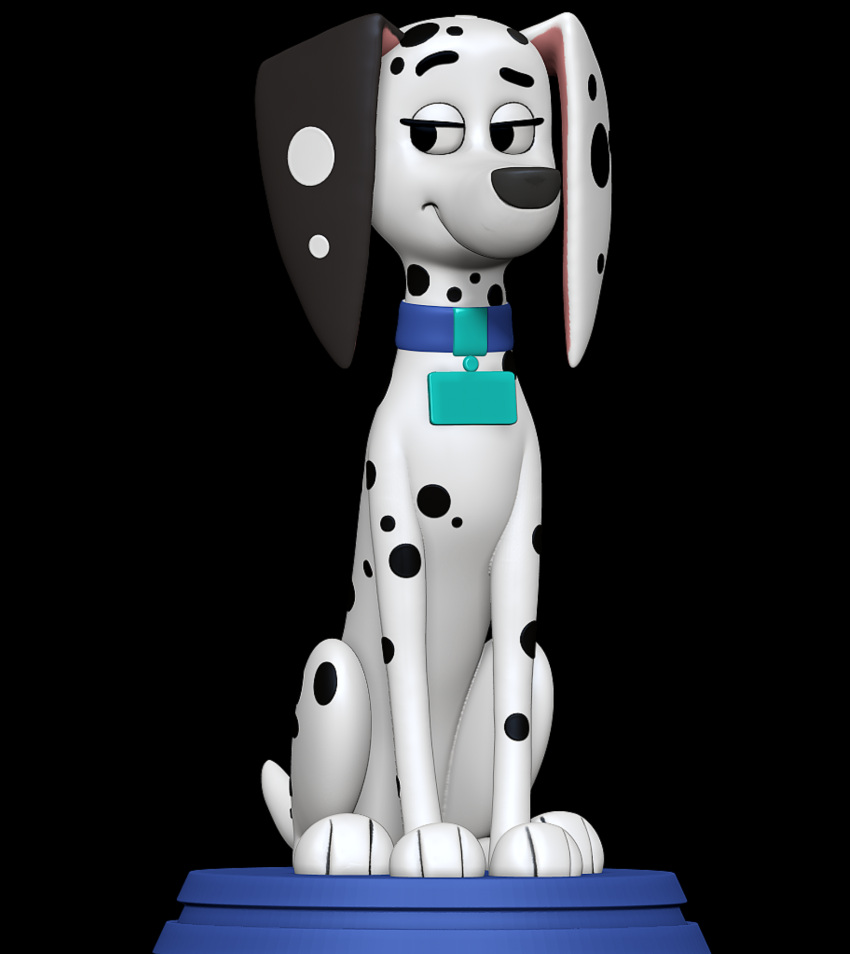 101_dalmatian_street 101_dalmatians 3d_(artwork) 3d_modeling 3d_print canid canine collar delilah_(101_dalmatians) digital_media_(artwork) disney female feral hi_res looking_sideways mammal raised_tail sillytoys sitting smile solo spots stage tail white_body