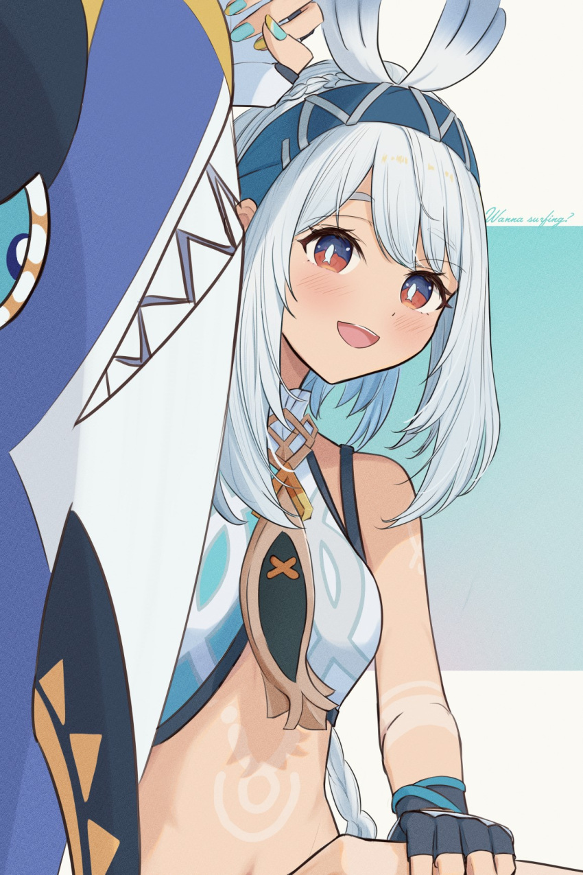 aqua_nails bare_shoulders black_gloves blue_hair blue_hairband body_markings braid commentary_request crop_top english_text female fingerless_gloves fingernails fish-shaped_pupils genshin_impact gloves hairband highres long_fingernails long_hair looking_at_viewer mualani_(genshin_impact) nail_polish open_mouth red_eyes simple_background solo sugarless_(sugarless_il) teeth two-tone_nails upper_body upper_teeth_only yellow_nails