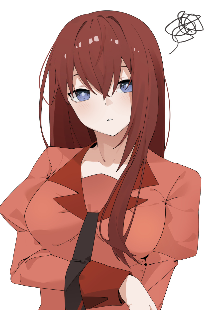 absurdres arril100 bakemonogatari black_necktie blue_eyes blush breasts brown_hair collarbone collared_shirt cosplay crossed_bangs eyelashes female highres juliet_sleeves long_hair long_sleeves looking_at_viewer makise_kurisu medium_breasts monogatari_(series) naoetsu_high_school_uniform necktie parted_lips pink_shirt puffy_sleeves school_uniform senjougahara_hitagi senjougahara_hitagi_(cosplay) shadow shirt simple_background solo steins;gate upper_body white_background