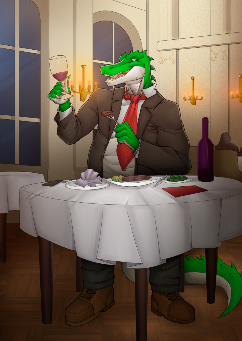 32:45 absurd_res alcohol alligator alligatorid anthro beef beverage business_attire business_suit businesswear clock clothing container cregon crocodile crocodilian cup cutlery drinking_glass fancy_clothing food fork furniture glass glass_container glass_cup green_body hi_res kitchen_utensils male meat multicolored_body napkin necktie open_mouth redgreendied reptile scalie solo steak suit table tablecloth tools two_tone_body watch white_body wine wine_bottle wine_glass wristwatch yellow_eyes