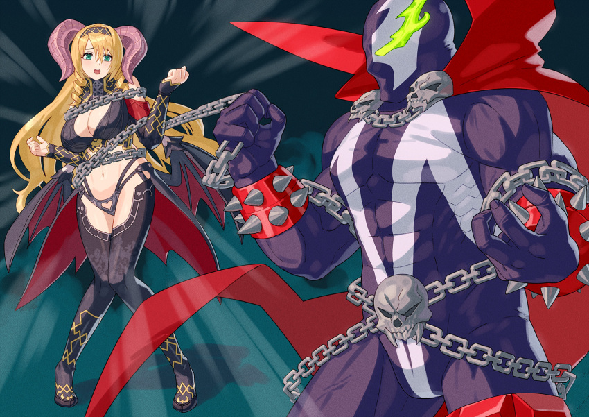 1boy blonde_hair bodysuit breasts cape chains cleavage commission crossover demon_girl demon_horns female green_eyes highres horns mammon_(the_seven_deadly_sins) mask mature_female name_connection navel panties red_cape skeb_commission spawn_(comic) spawn_(spawn) the_seven_deadly_sins thighhighs underwear yagi2013