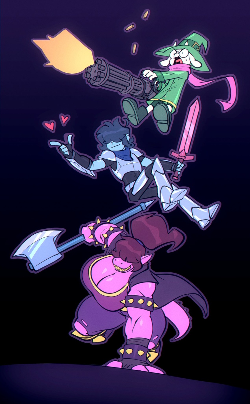 anthro big_breasts bigdad breasts clothed clothing darnact deltarune female fur gatling_gun gun heart kris_(deltarune) male ralsei scalie susie_(deltarune) tagme trio undertale_(series)