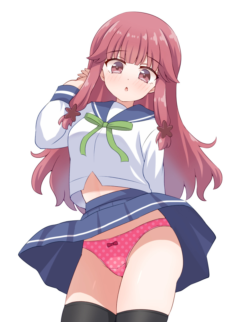 arm_behind_back black_thighhighs blue_sailor_collar blue_skirt bow bow_panties clothes_lift commentary cowboy_shot crotch_seam female green_ribbons highres koisuru_asteroid long_hair long_sleeves looking_at_viewer ma_tsukasa midriff miniskirt neck_ribbon open_mouth panties pink_panties pleated_skirt polka_dot polka_dot_panties red_eyes red_hair ribbon sailor_collar sakurai_chikage school_uniform serafuku shirt simple_background skirt skirt_lift solo standing thighhighs underwear white_background white_shirt wind wind_lift