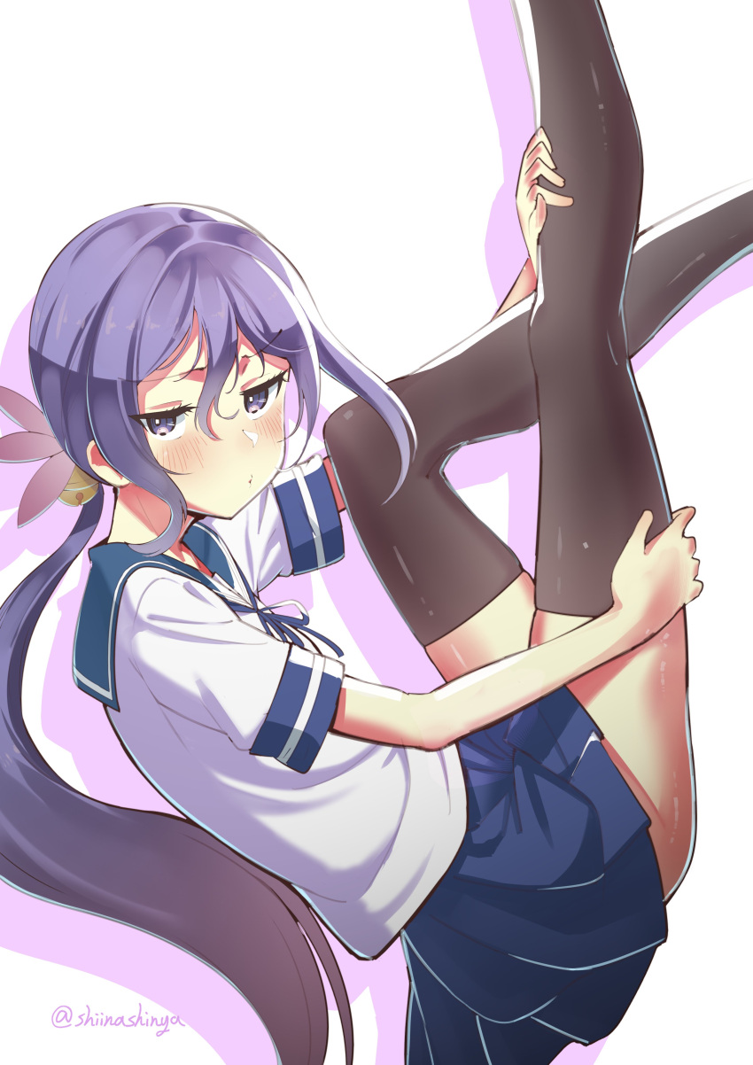 absurdres akebono_(kancolle) bell black_thighhighs blue_neckerchief blue_sailor_collar blue_skirt blush commentary_request double-parted_bangs drop_shadow feet_out_of_frame female flower from_side hair_bell hair_between_eyes hair_flower hair_ornament highres holding_own_leg kantai_collection legs_up liking long_hair looking_at_viewer miniskirt neckerchief one-hour_drawing_challenge pink_flower pleated_skirt ponytail pout purple_eyes purple_hair sailor_collar school_uniform serafuku shirt short_sleeves sidelocks simple_background skirt solo thighhighs twitter_username very_long_hair white_background white_shirt