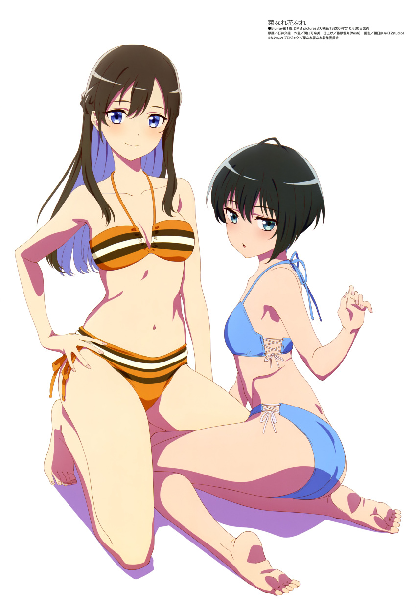 2girls absurdres ass bare_shoulders bikini black_hair blue_bikini blue_eyes breasts brown_hair cleavage cross-laced_bikini cross-laced_clothes hand_on_own_hip highres ishii_hisao kneeling large_breasts long_hair looking_at_viewer looking_back magazine_scan megami_magazine midriff multiple_girls navel official_art orange_bikini scan short_hair simple_background small_breasts smile soles swimsuit thighs two-tone_bikini white_background