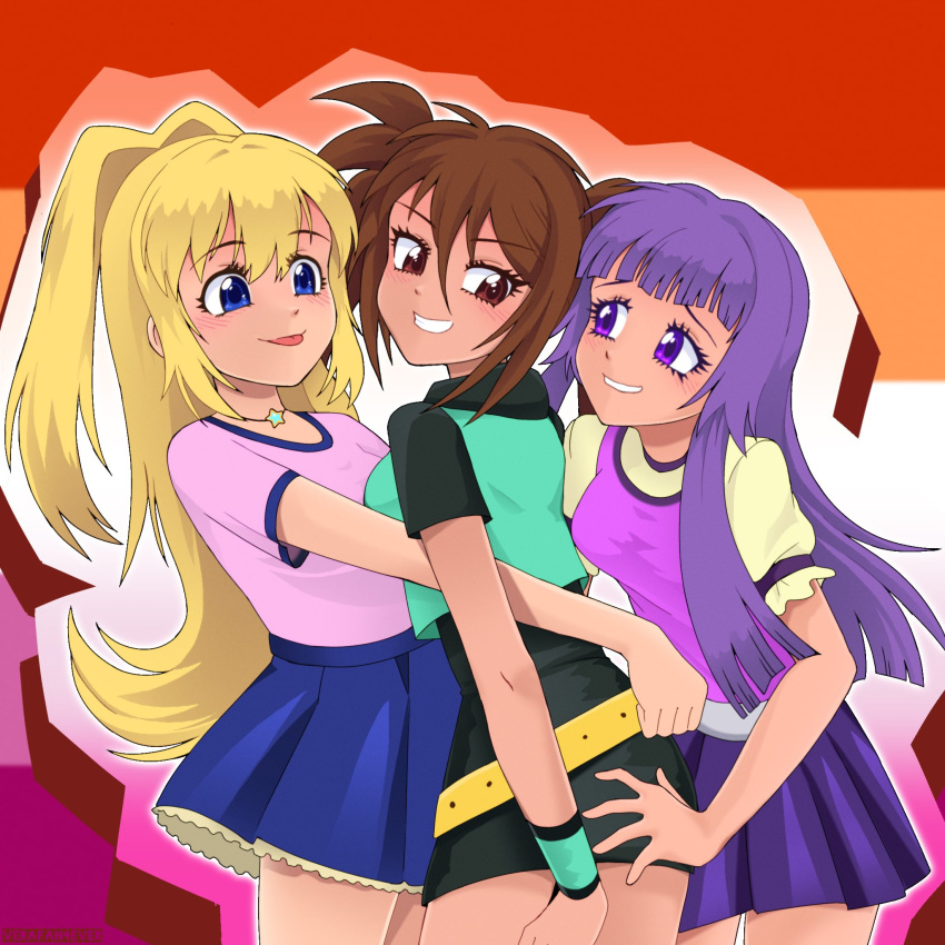 3girls blonde_hair blue_eyes breasts brown_eyes brown_hair caramella_girls commentary cowboy_shot girl_sandwich highres lesbian_flag long_hair mindy_(caramella_girls) multiple_girls nadine_(caramella_girls) one_side_up purple_eyes purple_hair sandwiched short_hair short_twintails standing symbol-only_commentary tan tongue tongue_out twintails vera_(caramella_girls) verafan4ever yuri