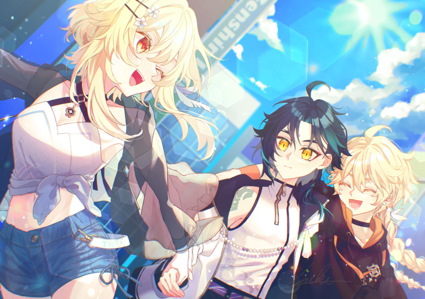 2boys aether_(genshin_impact) arm_tattoo black_hair black_hoodie black_jacket blonde_hair blue_shorts braid closed_eyes closed_mouth crop_top female flower genshin_impact green_hair hair_flower hair_ornament hairclip hand_up highres hood hoodie jacket long_hair lumine_(genshin_impact) midriff multicolored_hair multiple_boys navel open_mouth saiki_(leosetunakia) shirt short_hair shorts tattoo white_shirt xiao_(genshin_impact) yellow_eyes