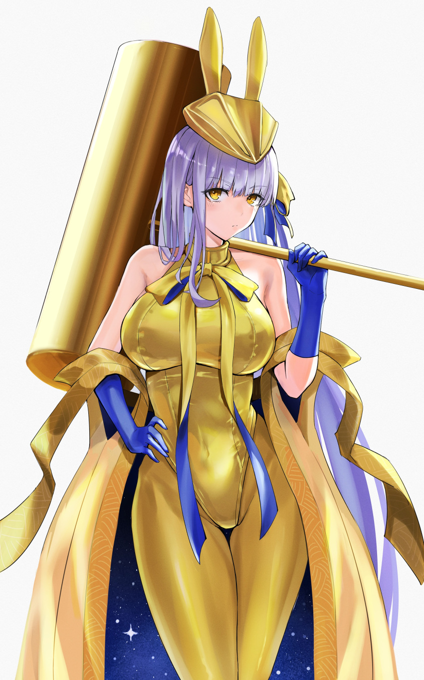 absurdres animal_ears animal_hat bare_shoulders bb_(fate) blush breasts fate/grand_order fate_(series) female gold_leotard gold_ribbon golden_bb_(fate) hair_ribbon hat heart highres kine kugiseiichi large_breasts leotard long_hair looking_at_viewer mallet pantyhose purple_hair rabbit_ears rabbit_hat ribbon solo thighs white_background yellow_eyes yellow_pantyhose