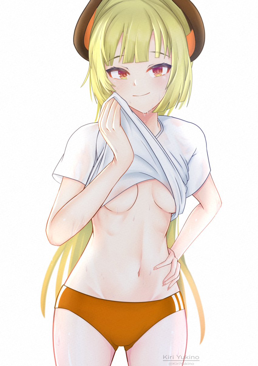 absurdres artist_name breasts buruma clothes_pull dragon_girl dragon_horns female grand_chase green_hair gym_uniform hand_on_own_hip highres horns kiri_yukino long_hair looking_at_viewer navel no_bra orange_hair orange_shorts ragnar_(grand_chase) shirt shirt_pull shorts small_breasts smile solo sportswear stomach sweat sweatdrop thighs underboob white_shirt wiping_sweat