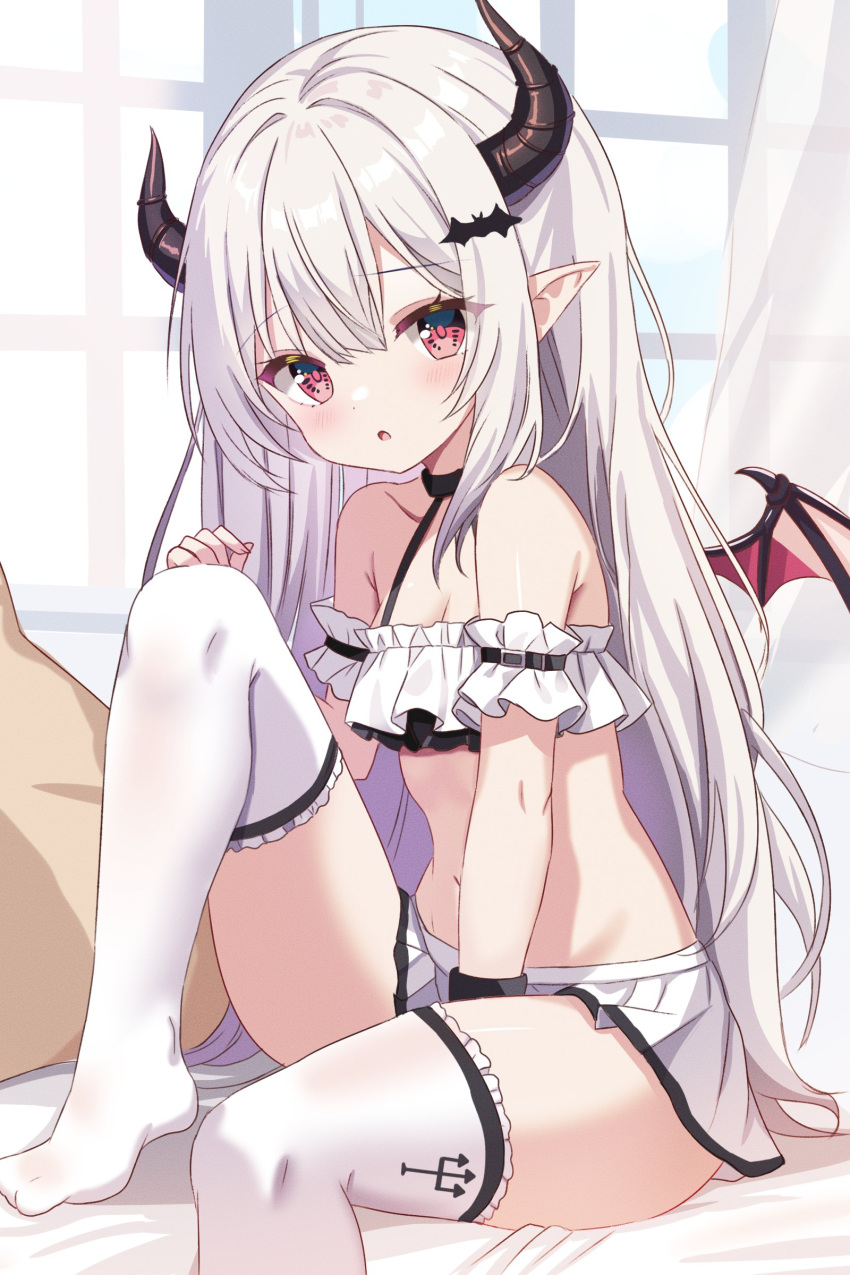 absurdres bare_shoulders bat_wings bikini black_choker breasts choker cleavage demon_girl demon_horns demon_wings female highres horns indoors long_hair looking_at_viewer navel no_shoes pointy_ears red_eyes red_wings sakura_mirin sidelocks sitting small_breasts solo stomach swimsuit thighhighs thighs very_long_hair white_bikini white_hair white_thighhighs wings zettai_ryouiki