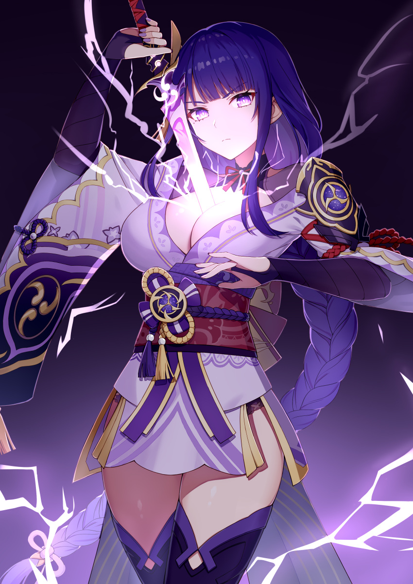 a-fei_z absurdres armor breasts cleavage closed_mouth cowboy_shot female genshin_impact hair_ornament highres holding holding_sword holding_weapon human_scabbard japanese_clothes kimono large_breasts long_braid long_hair musou_isshin_(genshin_impact) obi purple_background purple_eyes purple_hair purple_kimono raiden_shogun sash shoulder_armor solo sword thighs weapon