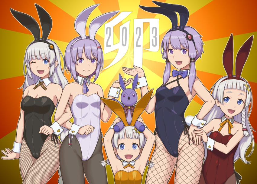 2023 5girls :d ;d animal_ears arms_up bare_shoulders black_hairband black_leotard black_pantyhose blue_eyes bow bowtie braid breasts cleavage closed_mouth detached_collar fake_animal_ears fingernails fishnet_pantyhose fishnets grey_hair hair_ornament hairband hairclip hand_up highleg highleg_leotard kizuna_akari kizuna_akari_(moe) kizuna_akari_(tsubomi) leotard locked_arms long_hair low_twintails medium_breasts multiple_girls multiple_persona neck_ribbon one_eye_closed open_mouth orange_hairband orange_leotard orange_ribbon pantyhose playboy_bunny purple_bow purple_bowtie purple_eyes purple_hair purple_ribbon rabbit_ears rabbit_tail red_hairband red_leotard ribbon sadaharu_(nicoseiga645206) short_bangs short_hair side_braid small_breasts smile strapless strapless_leotard stuffed_animal stuffed_rabbit stuffed_toy tail twin_braids twintails very_long_hair vocaloid voiceroid white_hairband white_leotard white_wrist_cuffs wrist_cuffs yuzuki_yukari yuzuki_yukari_(shizuku)