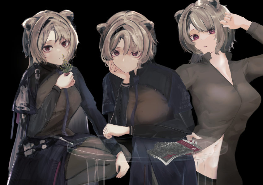 3girls absinthe_(arknights) animal_ears arknights bear_ears bear_girl black_background breasts commentary grey_hair highres holding large_breasts looking_at_viewer medium_hair multiple_girls navel open_mouth pantyhose plant red_eyes short_hair simple_background tkrm217 upper_body