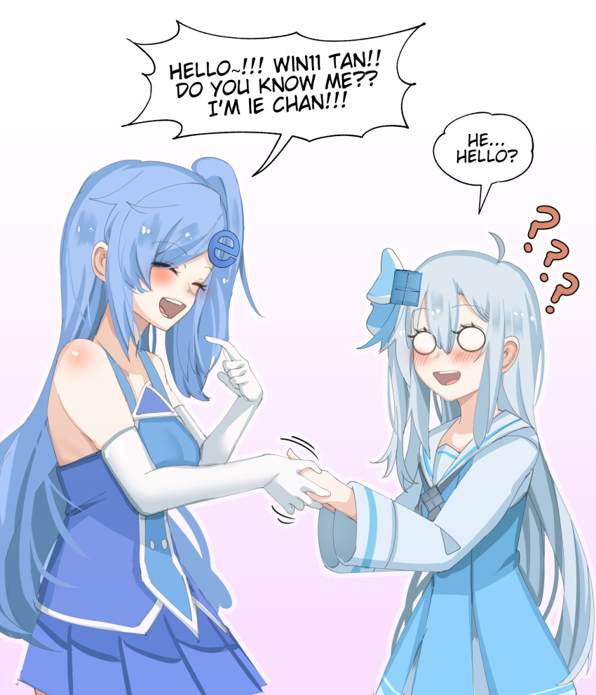 2girls ? ?? aqua_dress blue_bow blue_dress blue_hair blush bow closed_eyes commentary dress elbow_gloves english_commentary english_text eyes_visible_through_hair gloves gradient_background hair_between_eyes hair_ornament hair_over_one_eye hairbow handshake highres holding_hands internet_explorer internet_explorer_(merryweather) light_blue_hair long_hair long_sleeves looking_at_viewer madobe_ichika meeting merryweather microsoft_windows multiple_girls o_o one_side_up open_mouth os-tan personification pink_background sailor_collar school_uniform shirt side_ponytail sidelocks simple_background smile speech_bubble surprised teeth two-tone_background very_long_hair white_background white_gloves white_sailor_collar white_shirt wide-eyed windows_11