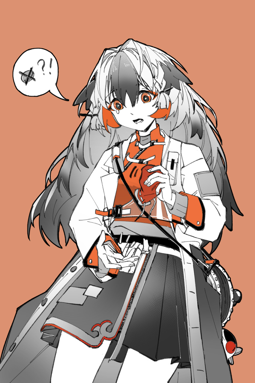 !? arknights chinese_commentary coat commentary_request cowboy_shot female fingernails highres long_hair orange_background orange_eyes orange_shirt piaoliu_ping_ping_ping_pingzi pouch shirt skirt snowsant_(arknights) solo speech_bubble spoken_interrobang spot_color