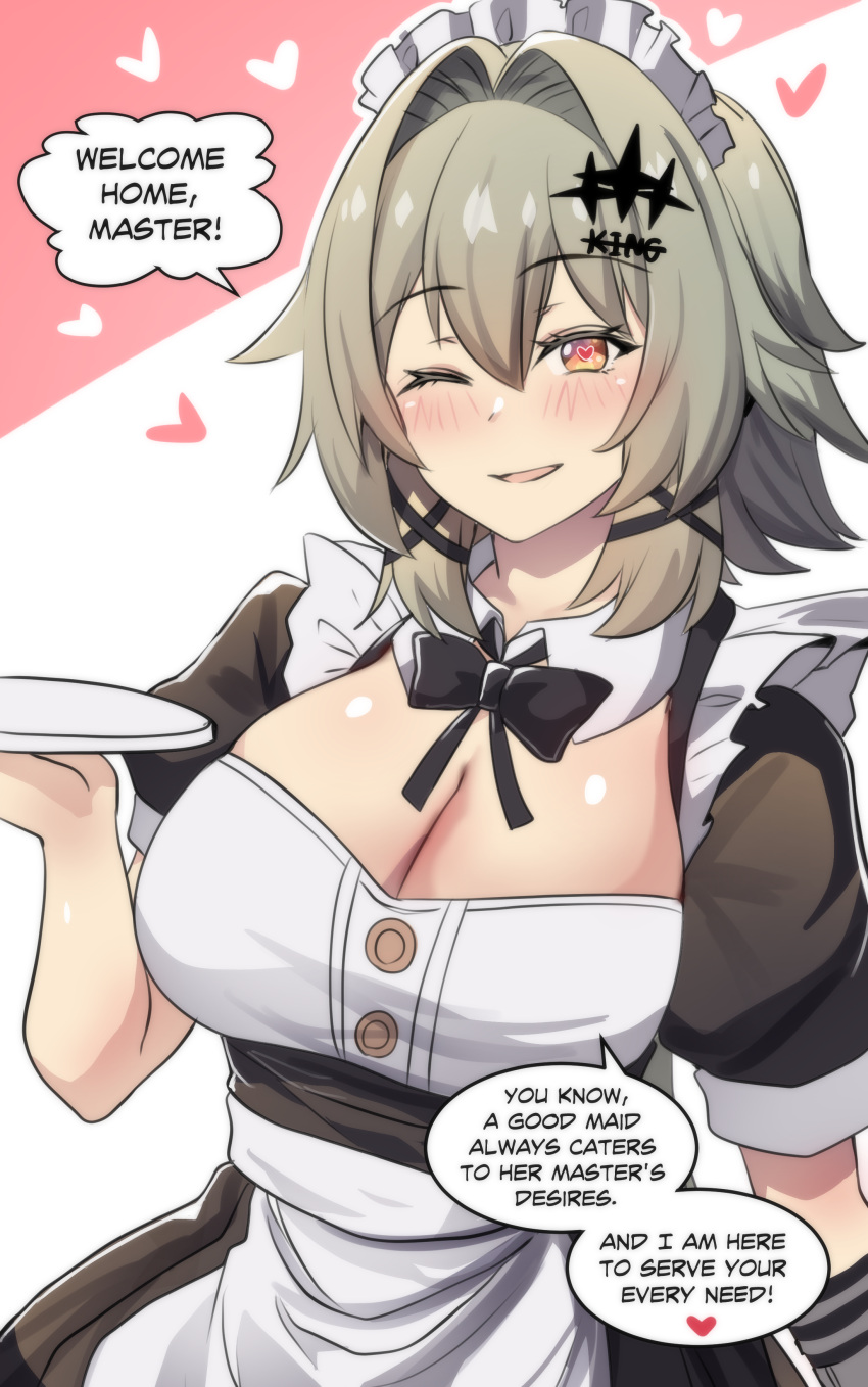 ;d absurdres alternate_costume apron black_bow black_bowtie bow bowtie breasts caesar_king_(zenless_zone_zero) cleavage commentary english_commentary enmaided female grey_hair hair_intakes heart heart-shaped_pupils highres hinghoi large_breasts looking_at_viewer maid one_eye_closed open_mouth puffy_short_sleeves puffy_sleeves short_hair short_sleeves smile solo speech_bubble symbol-shaped_pupils waist_apron white_apron yellow_eyes zenless_zone_zero