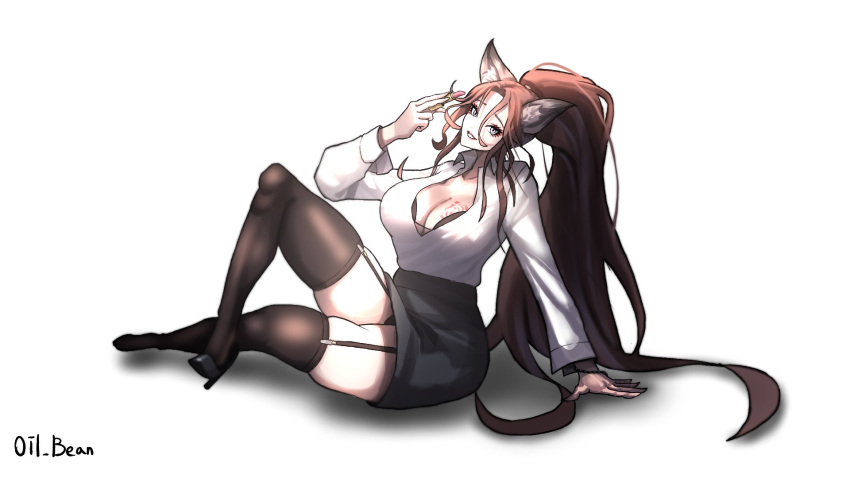 animal_ears black_bra black_skirt bloom bra breasts brown_dust_2 brown_hair brown_thighhighs chest_tattoo cosmetics dalvi_(brown_dust) female fox_ears fox_girl full_body garter_belt hair_between_eyes hand_on_floor high_heels highres holding holding_lipstick_tube knee_up large_breasts lipstick lipstick_tube long_hair looking_at_viewer makeup oilbean71110658 open_clothes open_mouth open_shirt ponytail shadow shirt simple_background sitting skirt smile solo stiletto_heels tattoo thighhighs twitter_username underwear very_long_hair white_background white_shirt