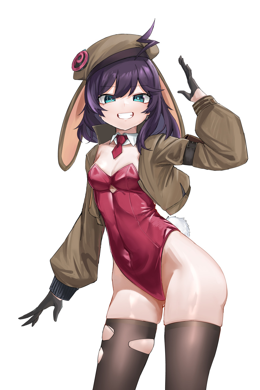 absurdres ahoge animal_ears beret black_gloves black_hair black_thighhighs blue_eyes breasts brown_jacket covered_navel cowboy_shot detached_collar fake_animal_ears fake_tail girls'_frontline girls'_frontline_2:_exilium gloves hair_between_eyes hand_up hat highres jacket leotard lightning_ahoge long_hair long_sleeves looking_at_viewer lop_rabbit_ears medium_breasts navel necktie open_clothes open_jacket open_mouth playboy_bunny rabbit_ears rabbit_tail red_leotard red_necktie shenqi_xiaohuang smile stechkin_(girls'_frontline) tail thighhighs torn_clothes