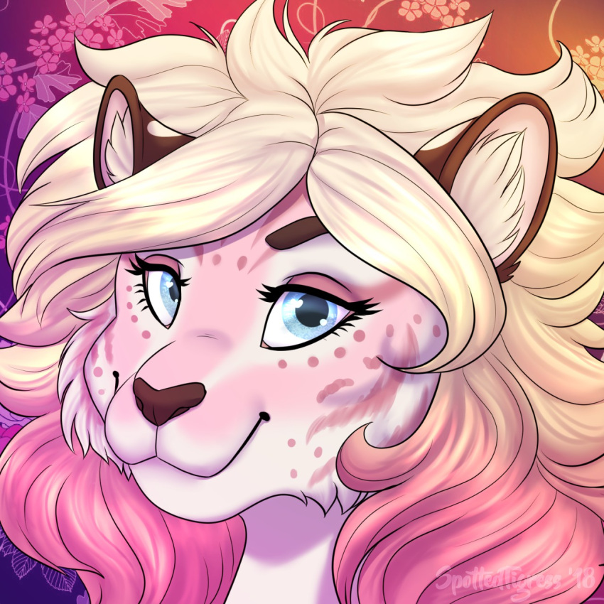 anthro blonde_hair blue_eyes cheek_tuft closed_smile eyelashes facial_spots facial_tuft felid female fur glistening glistening_eyes hair headshot_portrait hi_res looking_at_viewer mammal marzipan_(spottedtigress) mouth_closed multicolored_hair pantherine pink_body pink_fur pink_hair portrait smile solo spotted_face tiger tiggybloom tuft two_tone_hair white_body white_fur