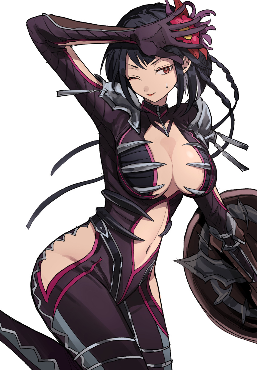 ;) aoi_(yooo009) arm_cutout arm_shield arm_up armor black_bodysuit black_hair bob_cut bodysuit botis_(megido72) breasts bright_pupils cleavage cleavage_cutout closed_mouth clothing_cutout cowboy_shot female flower grey_trim hair_flower hair_ornament highres hip_vent knee_up lipstick looking_to_the_side makeup medium_breasts megido72 midriff navel_cutout one_eye_closed open_hand pauldrons pink_flower pink_lips pink_trim red_eyes revealing_clothes shield short_hair_with_long_locks shoulder_armor sideways_glance simple_background smile solo stomach sweatdrop v_bangs white_background white_pupils zipper