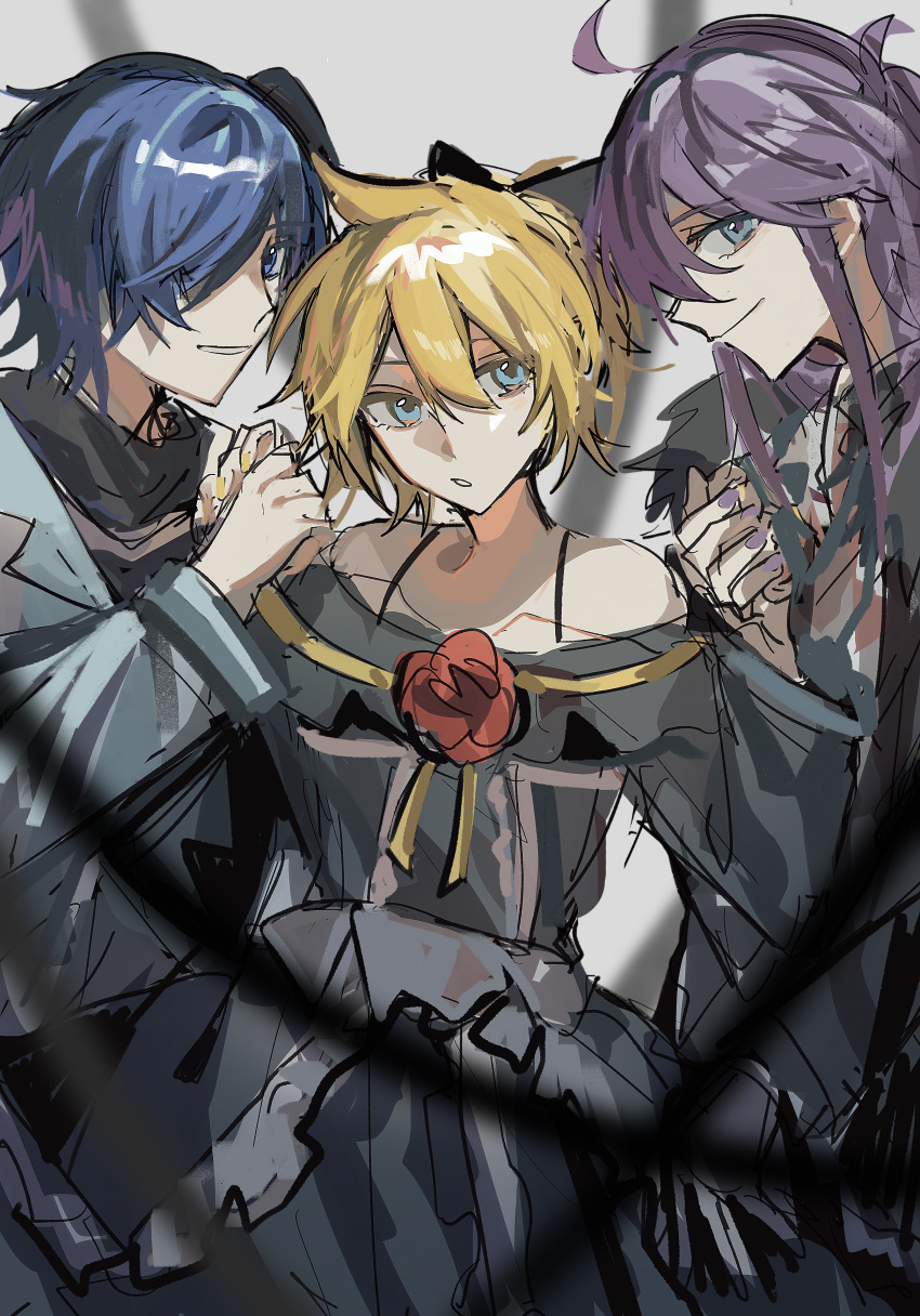 3boys absurdres ahoge bare_shoulders black_dress black_ribbon black_scarf blonde_hair blue_eyes blue_hair closed_mouth crossdressing dress eyepatch flower frills grey_background hair_between_eyes hair_over_one_eye hair_ribbon hat highres holding_hands imitation_black_(vocaloid) kagamine_len kaito_(vocaloid) kamui_gakupo long_hair long_sleeves looking_at_viewer male_focus mini_hat multiple_boys nail_polish nidu_(2du_du) otoko_no_ko ponytail profile purple_hair purple_nails red_flower red_rose ribbon rose scarf short_hair smile upper_body vanan'ice vocaloid