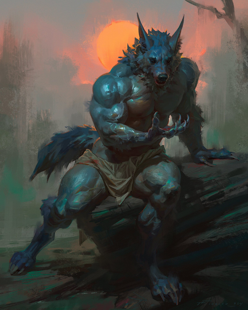 2024 abs anthro barazoku biceps big_muscles biped bottomwear canid canine canis clothed clothing hi_res loincloth loincloth_only looking_at_viewer male mammal muscular muscular_anthro muscular_male pecs solo taran_fiddler topless wolf