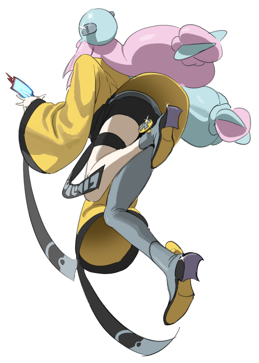 987645321o absurdres ass black_shorts blue_hair character_hair_ornament female hair_ornament highres iono_(pokemon) jacket long_hair long_sleeves low-tied_long_hair magnemite multicolored_hair oversized_clothes pink_hair pokemon pokemon_sv rotom rotom_phone shorts single_leg_pantyhose sleeves_past_fingers sleeves_past_wrists solo split-color_hair thigh_strap very_long_sleeves yellow_jacket