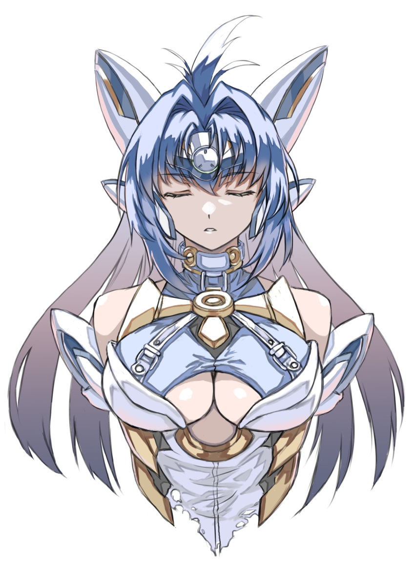 bare_shoulders blue_hair breasts cleavage closed_eyes female headgear highres kos-mos large_breasts long_hair mota_saru simple_background solo upper_body white_background xenosaga