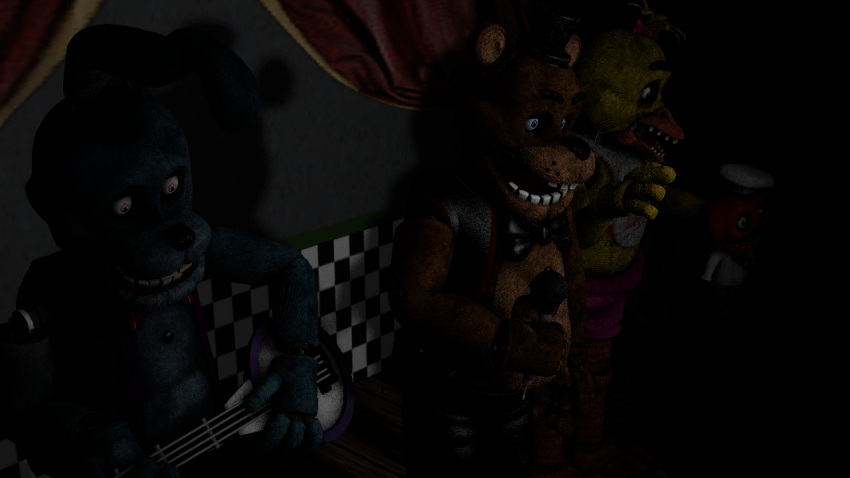 3d_(artwork) animatronic anthro avian bear bird blue_body bonnie_(fnaf) brown_body chica_(fnaf) chicken creepy detailed_background digital_media_(artwork) dim_lighting five_nights_at_freddy's freddy_(fnaf) galliform gallus_(genus) group humanoid lagomorph leporid machine mammal on_stage phasianid rabbit robot scottgames snowtheavali source_filmmaker_(artwork) standing trio yellow_body