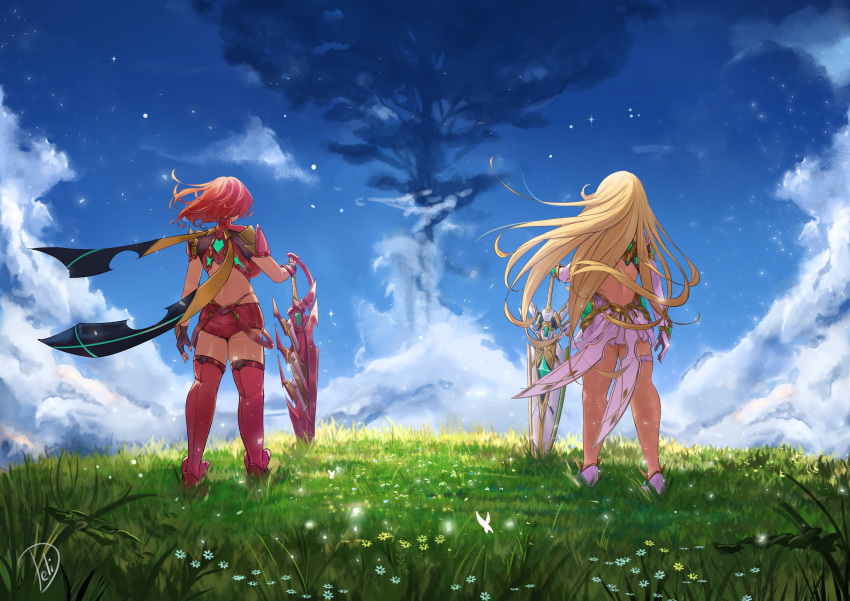 2girls absurdres aegis_sword_(xenoblade) backless_dress backless_outfit blonde_hair blue_sky bob_cut breasts commentary deliciousbrain dress fingerless_gloves from_behind gloves grass highres large_breasts long_hair multiple_girls mythra_(xenoblade) outdoors planted planted_sword pyra_(xenoblade) red_hair red_shorts red_thighhighs revision shorts signature sky sword thigh_strap thighhighs weapon white_gloves wind xenoblade_chronicles_(series) xenoblade_chronicles_2