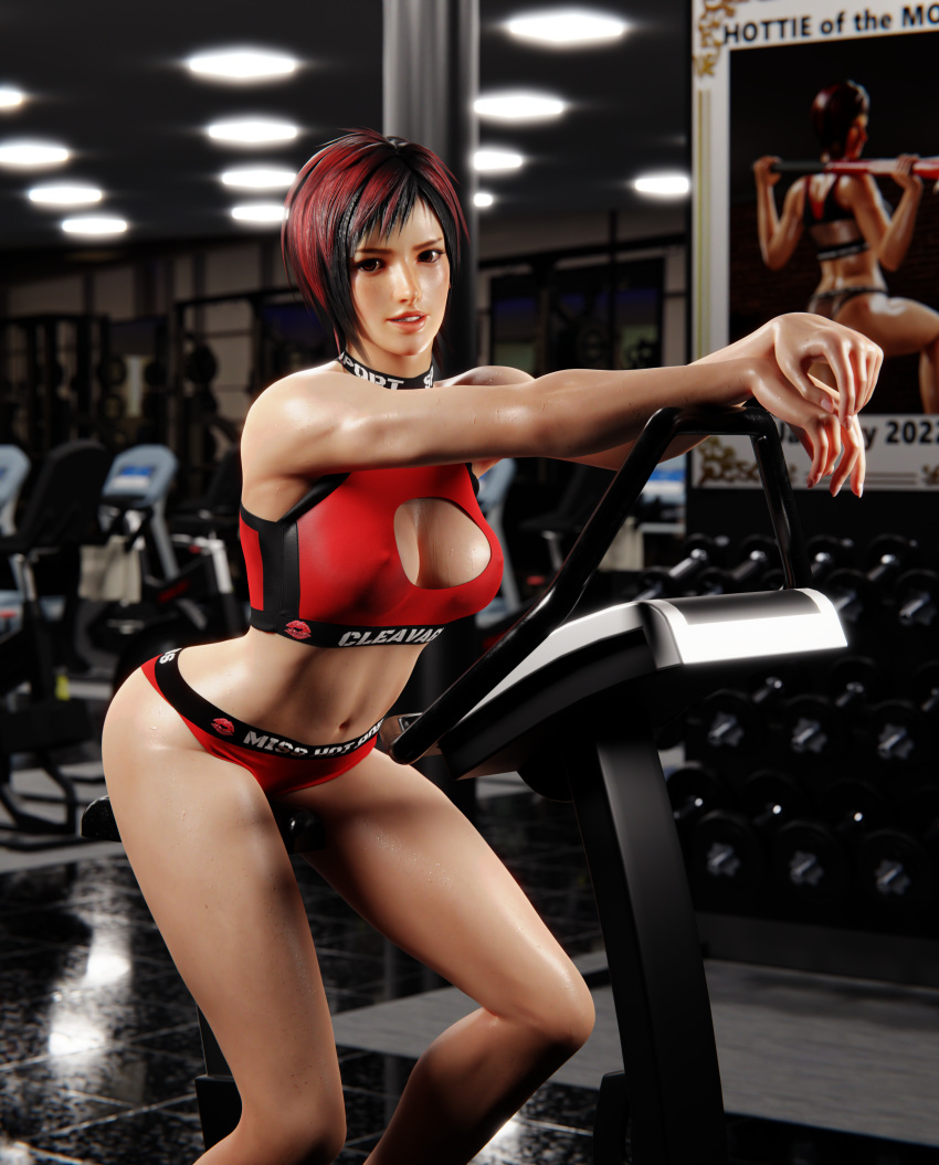 1girls 3d black_hair bubble_butt cleavage cleavage_cutout dead_or_alive enslaverofhumanity european exercise_equipment freckles gym hazel_eyes large_breasts mila_(doa) red_hair short_hair smile spanish sports_bikini voluptuous workout