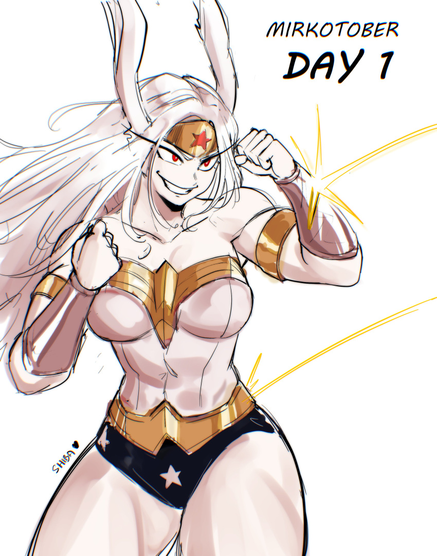 absurdres animal_ears armlet artist_name bare_shoulders blocking boku_no_hero_academia bracer breasts clenched_hands collarbone cosplay dc_comics deflect english_commentary english_text female highres jewelry large_breasts leotard long_eyelashes long_hair mirko rabbit_ears rabbit_girl red_eyes shibbunny smile solo spot_color star_(symbol) star_print strapless strapless_leotard superhero_costume thick_thighs thighs tiara toned_female unfinished very_long_hair wonder_woman wonder_woman_(cosplay) wonder_woman_(series)