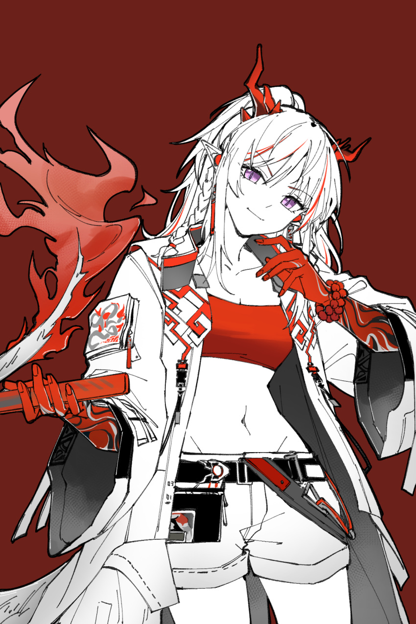 arknights bandeau belt coat colored_extremities cowboy_shot dragon_girl dragon_horns dragon_tail female flame-tipped_tail highres horns midriff navel nian_(arknights) open_clothes open_coat piaoliu_ping_ping_ping_pingzi red_background red_bandeau red_horns shorts solo spot_color tail wide_sleeves