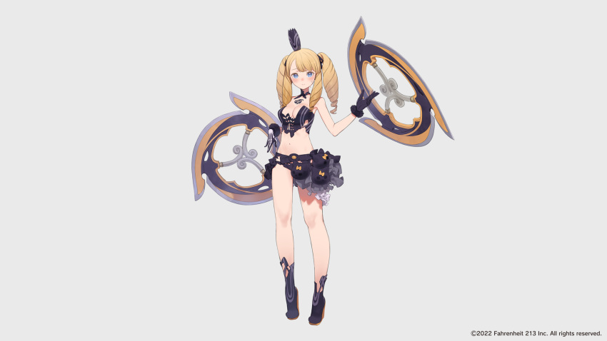 bare_shoulders black_panties blonde_hair blue_eyes blush breasts cleavage crop_top crown drill_hair dual_wielding eurydia_von_valhllaheart female frilled_skirt frills full_body highres holding kuroboshi_kouhaku looking_at_viewer mini_crown navel official_art panties quad_drills skirt small_breasts solo torn_clothes tsurugihime underwear