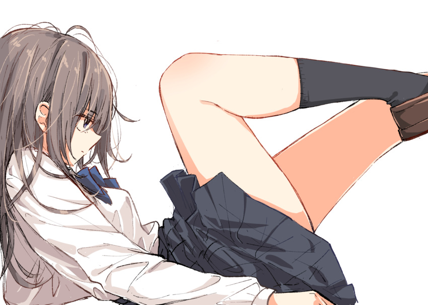 grey_hair highres lass_(pokemon) loafers long_hair lying matsuda_hikari miniskirt on_back original pleated_skirt profile school_uniform shirt shoes skirt socks