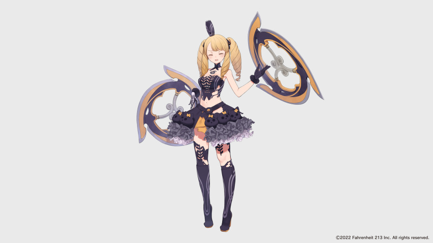 bare_shoulders blonde_hair blush boots breasts closed_eyes crop_top crown drill_hair dual_wielding eurydia_von_valhllaheart female frilled_skirt frills full_body highres holding kuroboshi_kouhaku mini_crown navel official_art quad_drills skirt small_breasts solo thigh_boots torn_clothes tsurugihime