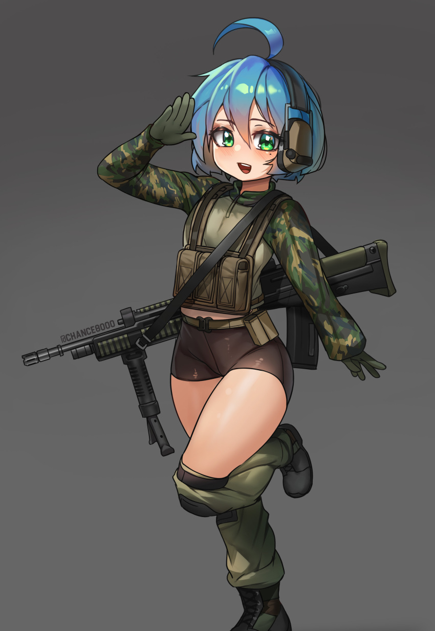 absurdres ahoge blue_hair boots chance8000 commission green_eyes gun headphones highres izumi_konata leg_warmers lucky_star medium_hair midriff midriff_peek military short_shorts shorts sweater tactical_clothes weapon zettai_ryouiki