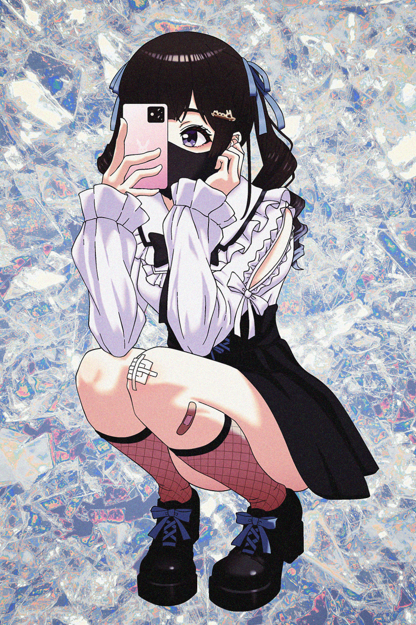 bandaid bandaid_on_leg black_footwear black_mask black_ribbon black_skirt blue_ribbon brown_hair clothing_cutout collared_shirt eyeshadow female fishnet_socks fishnets gauze_on_knee hair_ribbon hand_on_own_cheek hand_on_own_face high-waist_skirt highres holding holding_phone jirai_kei kneehighs knees_together_feet_apart long_hair long_sleeves looking_at_viewer makeup mask mouth_mask neck_ribbon nijisanji nkymyura one_eye_covered phone purple_eyes red_eyeshadow red_socks ribbon selfie shirt shoes shoulder_cutout skirt socks solo tsukino_mito tsukino_mito_(14th_costume) twintails virtual_youtuber white_shirt