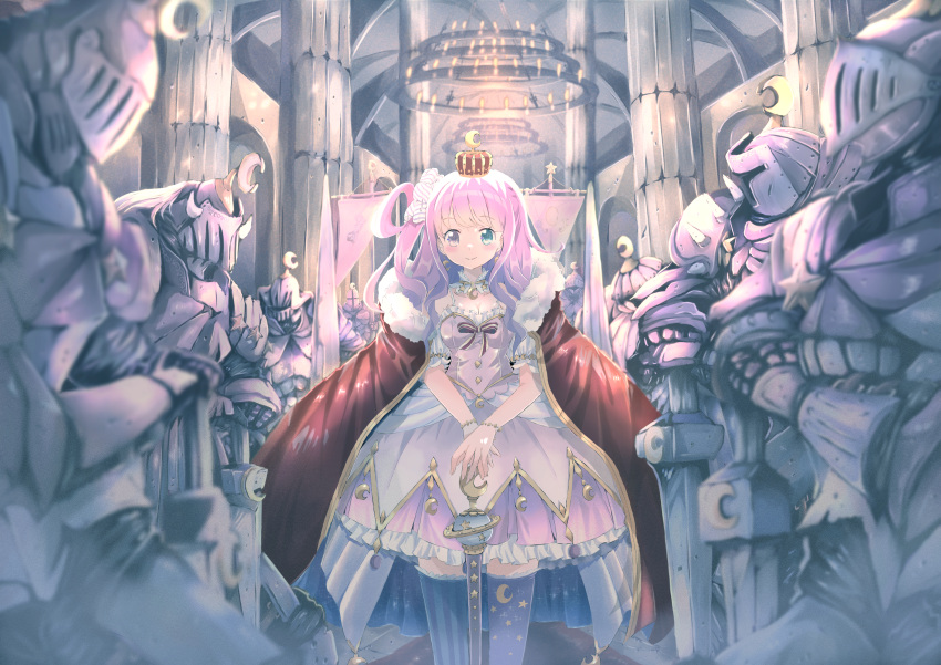 6+boys absurdres ahoge arched_crown armor banner chandelier crescent crescent_earrings crescent_necklace crown doriko666 earrings female full_armor gauntlets gradient_hair green_eyes helmet heterochromia highres himemori_luna himemori_luna_(1st_costume) hololive indoors jewelry knight long_hair looking_at_viewer luknight_(himemori_luna) mini_crown multicolored_hair multiple_boys necklace pink_hair princess purple_eyes purple_hair red_crown single_hair_ring smile staff sword virtual_youtuber weapon