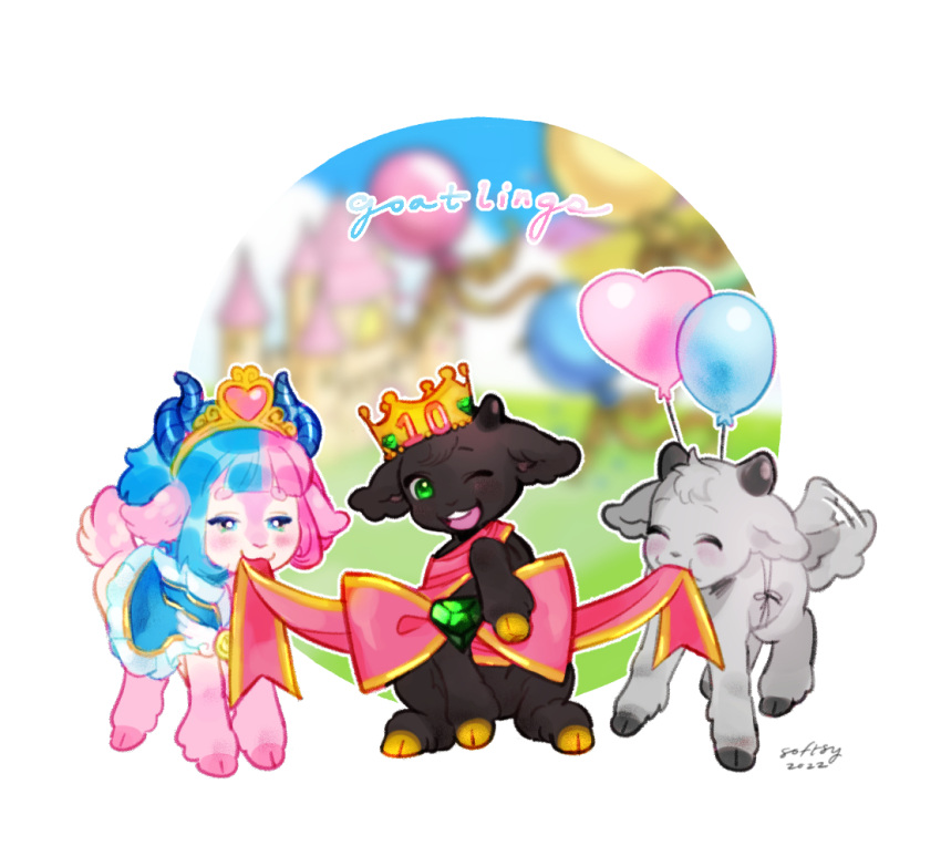 2022 2_horns ambiguous_gender balloon black_body black_fur blue_hair blush bovid bow_(feature) caprine chibi closed_eyes clothed clothing countershading crown digital_drawing_(artwork) digital_media_(artwork) female feral fur gem goat goat_princess_(goatlings) goatlings grey_body grey_fur group hair happy headgear hooves horn inflatable mammal mouth_hold one_eye_closed pink_body pink_fur pink_hair quadruped ribbons shaded smile softsy tail tail_motion tailwag tiara trio