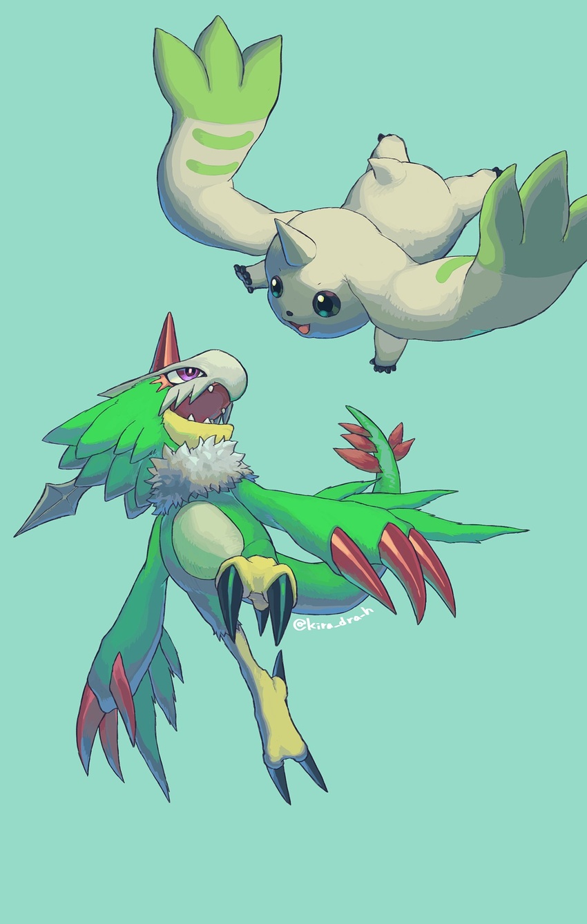 beak bird claws digimon digimon_(creature) dragon feathers green_background green_feathers highres horns kira_(kira_dra) midair pteromon purple_eyes simple_background single_horn talons terriermon twitter_username