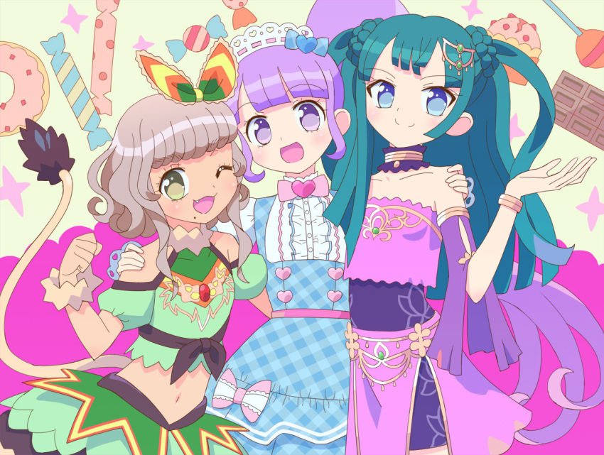 3girls :d bare_shoulders blue_bow blue_dress blue_eyes blunt_bangs blunt_ends bow breasts brown_hair candy commentary_request cowboy_shot detached_sleeves doughnut dress food green_hair green_shirt green_skirt hair_ornament hairbow hand_on_another's_shoulder hand_up heart idol_clothes ku_(residual666) lion_tail lollipop long_hair looking_at_viewer manaka_non midriff mole mole_under_mouth multiple_girls one_eye_closed open_mouth pink_bow pink_shirt pink_skirt pretty_series pripara purple_eyes purple_hair shirt short_hair side_ponytail skirt small_breasts smile standing tail taiyo_pepper tsukikawa_chili two_side_up very_long_hair white_shirt