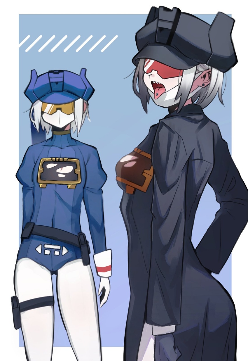 2girls belt black_belt black_dress black_gloves black_headwear breasts commentary_request dress genderswap_(mtf) gloves grey_hair highres humanization idzuki_kenkyu-in mask mask_pull mouth_mask multiple_girls panties piercing pouch rule_63 sharp_teeth short_hair small_breasts soundblaster soundwave_(transformers) sunglasses teeth thigh_pouch thigh_strap tongue tongue_out tongue_piercing transformers transformers:_war_for_cybertron_trilogy underwear white_panties