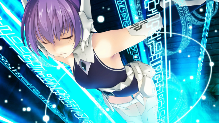 astel_(wizards_symphony) atelier-moo bare_shoulders closed_eyes closed_mouth cowboy_shot dungeon female golem hair_between_eyes mechanical_arms purple_hair restrained robot_ears short_hair sleeping sleeveless solo wizards_symphony