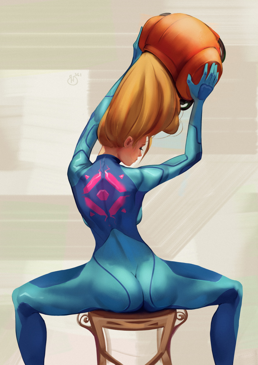 armor ass ass_focus backboob blonde blonde_hair boobs helmet helmet_with_visor large_breasts long_hair metroid nintendo samus_aran spread_legs tomboy undressing varia_suit_helmet zero_suit zero_suit_samus