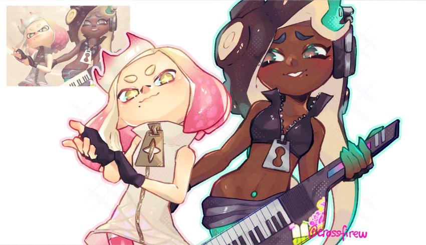 2girls black_gloves black_hair blush breasts cephalopod_eyes closed_mouth commentary crop_top crown dark-skinned_female dark_skin english_commentary fingerless_gloves furrowed_brow game_screenshot_inset gloves green_hair headphones highres holding holding_instrument inkling instrument jacket keytar looking_at_another louwaldo marina_(splatoon) medium_hair mole mole_under_mouth multiple_girls navel_piercing pearl_(splatoon) piercing red_pupils sleeveless sleeveless_jacket smile splatoon_(series) splatoon_3 star-shaped_pupils star_(symbol) symbol-shaped_pupils tentacle_hair thick_eyebrows very_dark_skin white_background white_jacket yellow_eyes zipper zipper_pull_tab